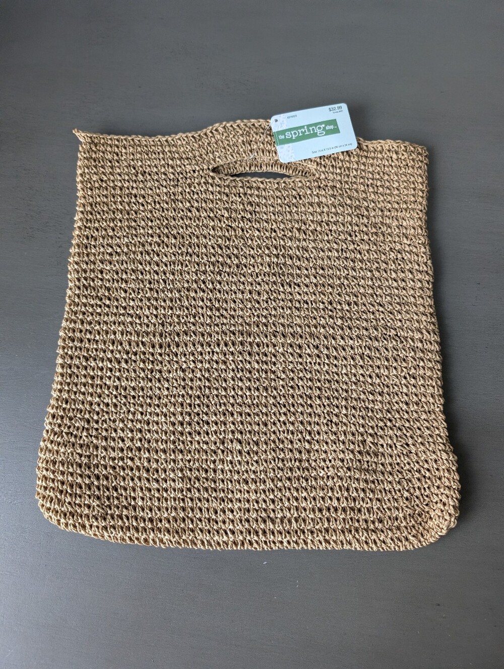 The Spring Shop Woven Tote Bag in Natural Brown Tan Square Size 14"X13.5"